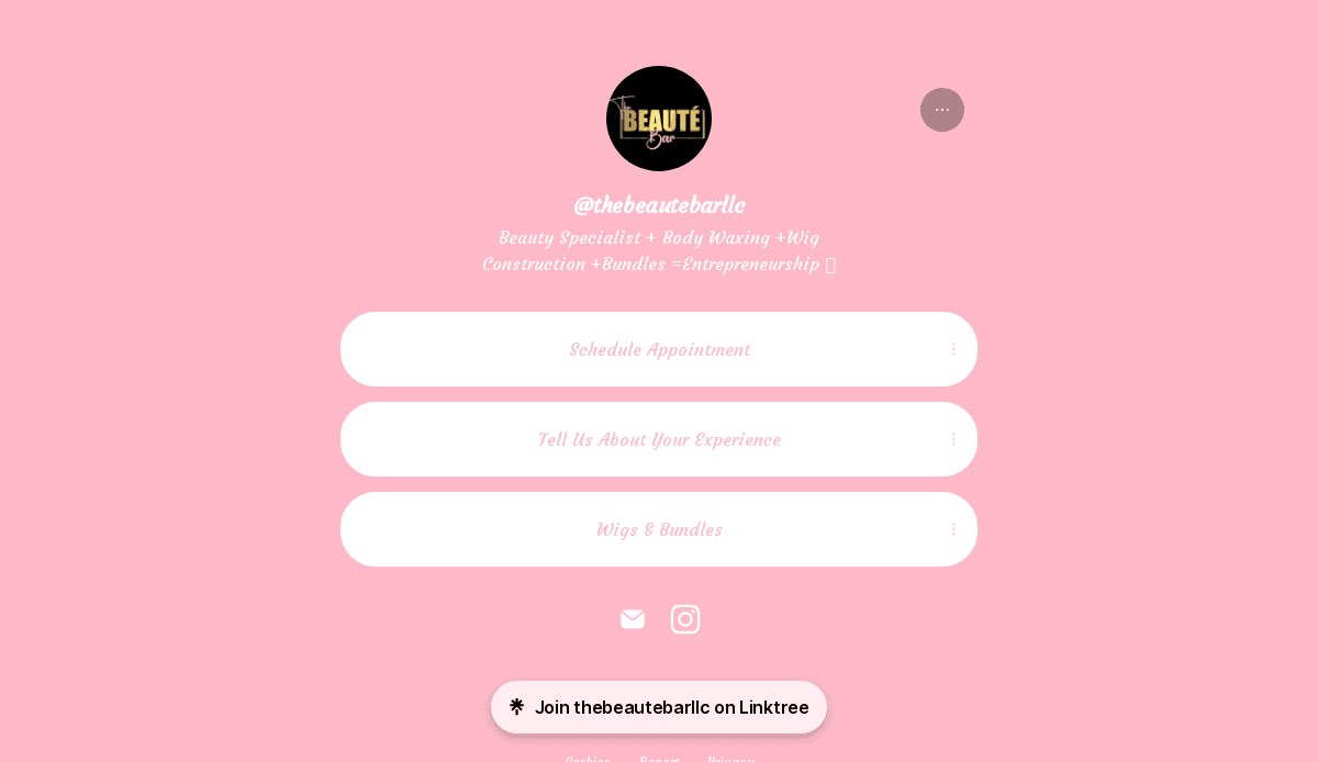 A pink webpage features thebeautébarllc logo, social media handle, and service list. Three white buttons read: Schedule Appointment, Tell Us About Your Experience, and Wigs & Bundles. Social icons and a Linktree button are below.