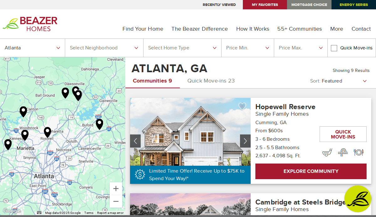 Screenshot of Beazer Homes’ website showing a map of Atlanta, GA area with home locations marked, and a listing for Hopewell Reserve featuring a two-story house image and home details.