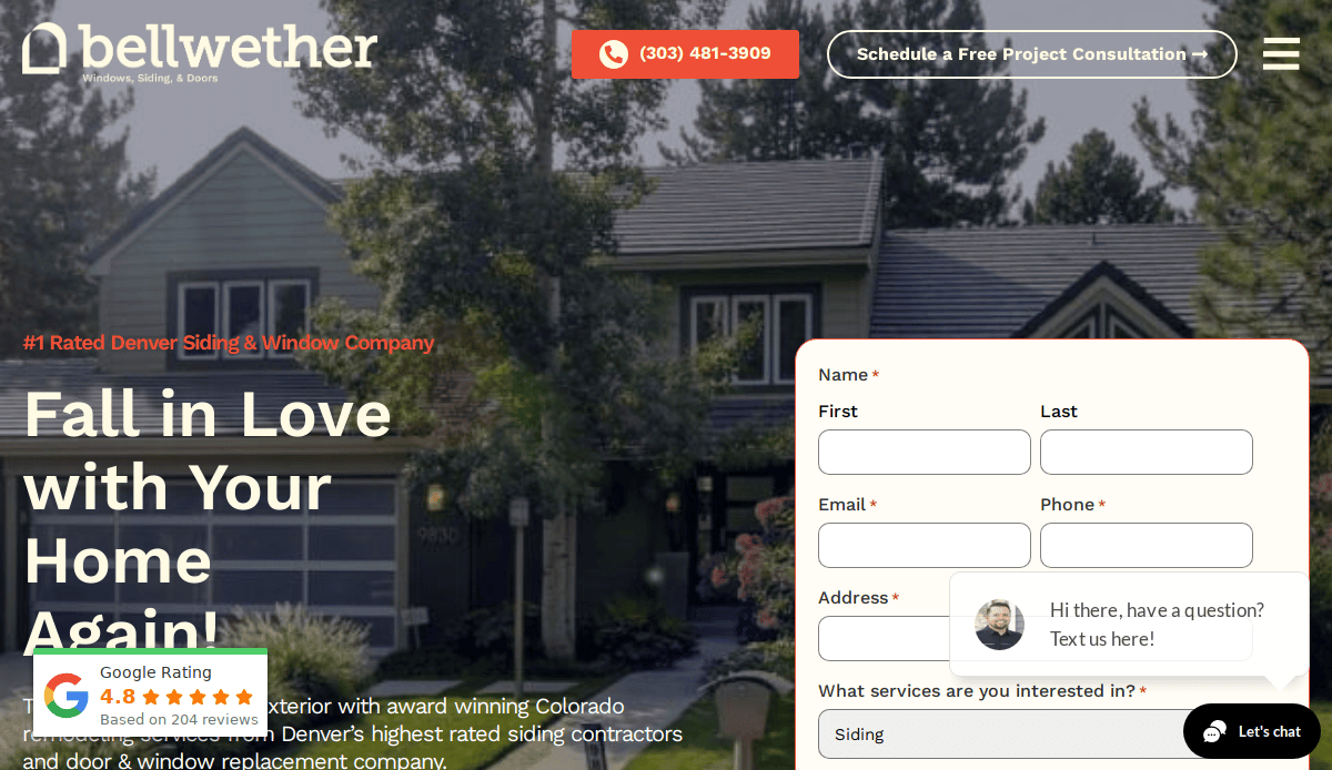 Homepage of Bellwether, a siding and window company, showing a house, contact form, Google rating of 4.8 stars, company logo, phone number, and a button to schedule a free project consultation.