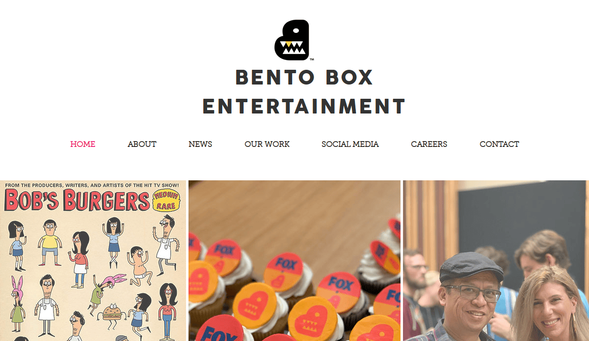 Bento Box Entertainment website homepage with a logo, navigation menu, a Bob’s Burgers poster, cupcakes with the FOX logo, and two people smiling for a photo.