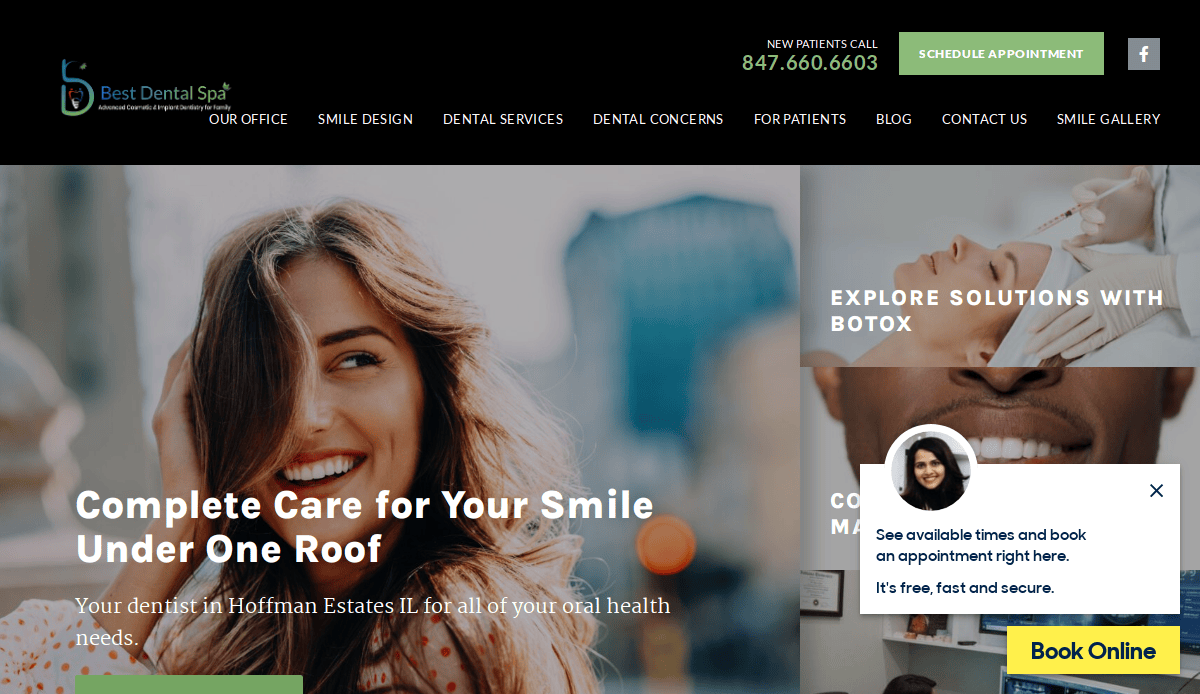 Homepage of Best Dental Spa featuring a smiling woman, contact information, navigation menu, and options to book an appointment online. A pop-up box shows a staff member and invites users to check availability or book online.