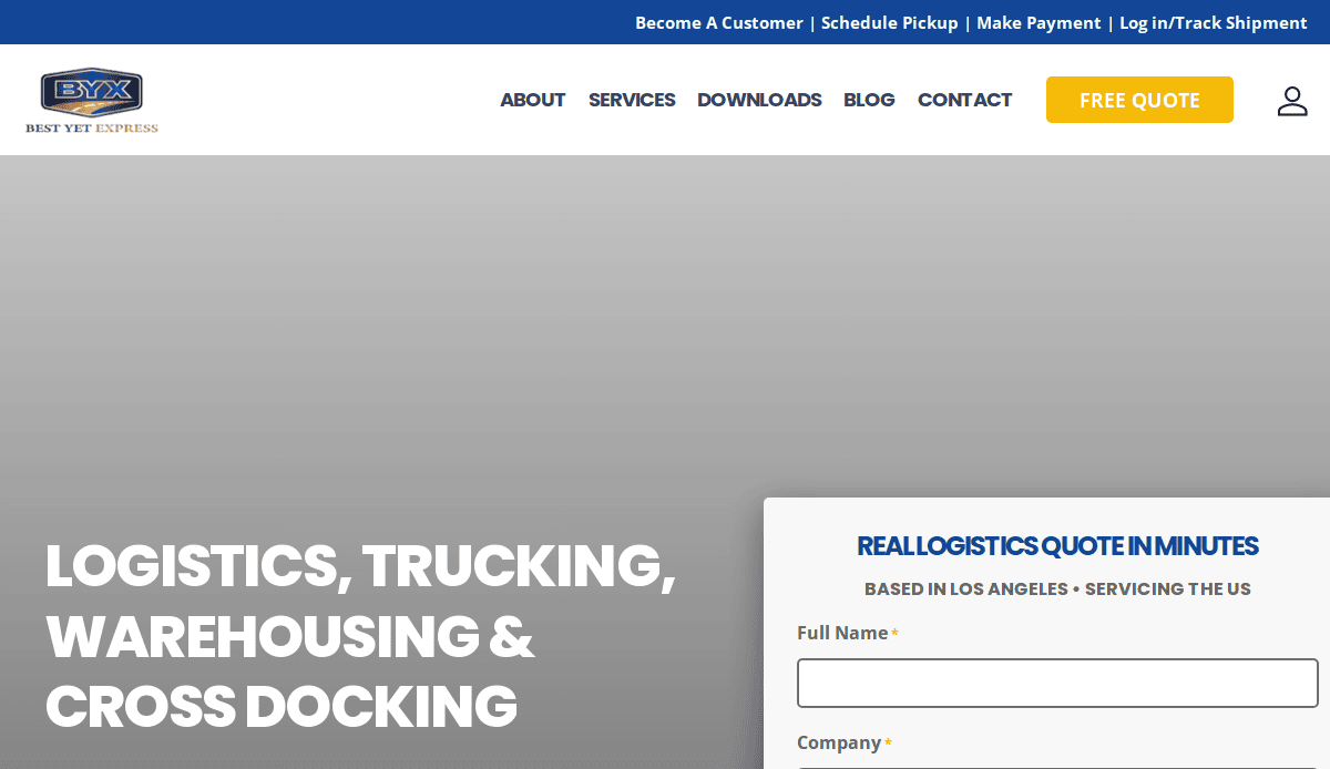 Screenshot of the BYX Best Yet Express website homepage, showing navigation links, a Free Quote button, and a quote request form. Large text reads Logistics, Trucking, Warehousing & Cross Docking.