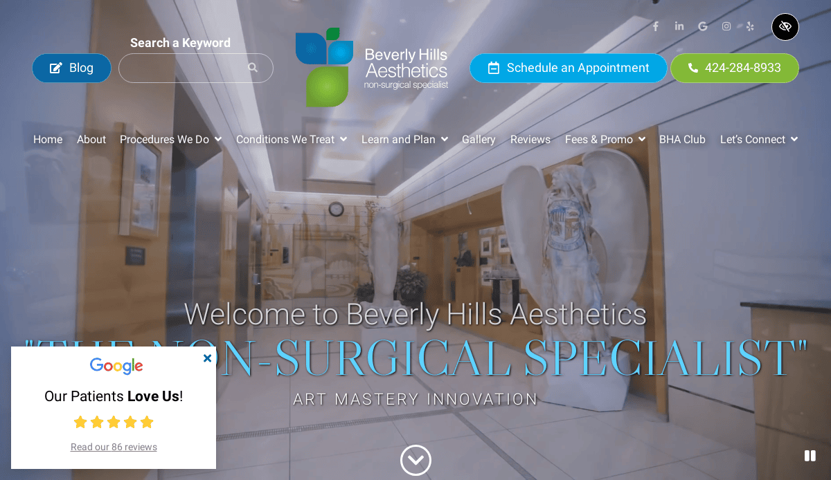 Screenshot of the Beverly Hills Aesthetics website homepage, showing the clinic’s name, a navigation menu, a “Schedule an Appointment” button, contact info, and a patient review popup in the lower left corner.