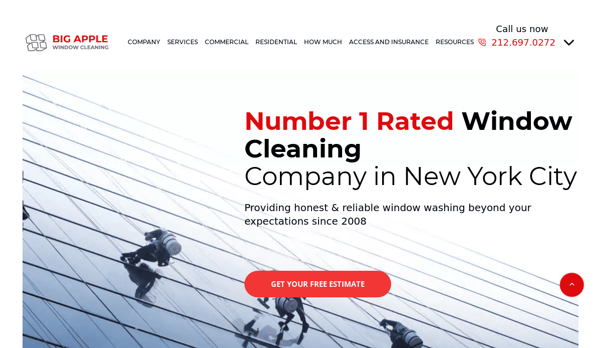 Three workers in harnesses clean the windows of a tall glass building. Text promotes Number 1 Rated Window Cleaning Company in New York City and offers a free estimate. The company’s logo and contact number are visible.