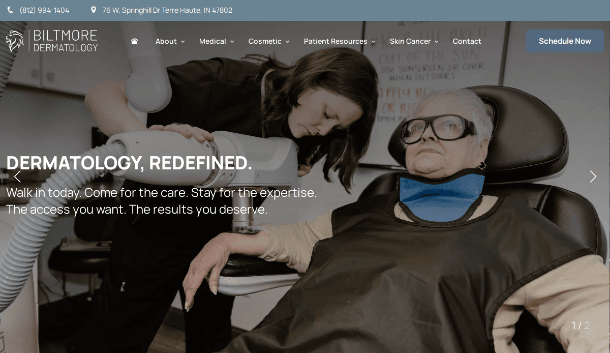A dermatologist uses a handheld device to examine a patients face in a clinic. The patient, wearing protective glasses and a bib, sits in a chair. Text reads DERMATOLOGY, REDEFINED with contact and navigation info above.