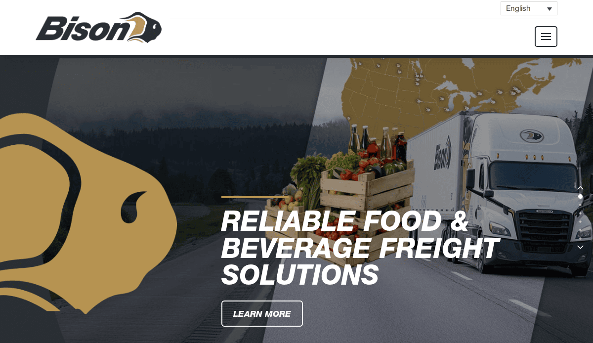 Bison company website banner showing a stylized bison logo, a scenic road, a crate of food, a Bison-branded truck, and the text “RELIABLE FOOD & BEVERAGE FREIGHT SOLUTIONS.”.