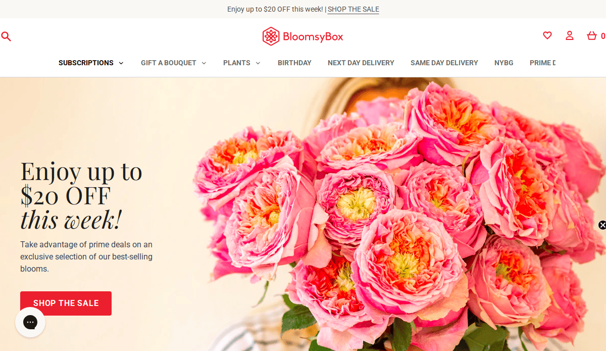 A person holding a large bouquet of pink and yellow roses in front of their face. Promotional text offers up to $20 off this week at BloomsyBox, with a red Shop the Sale button on the left.