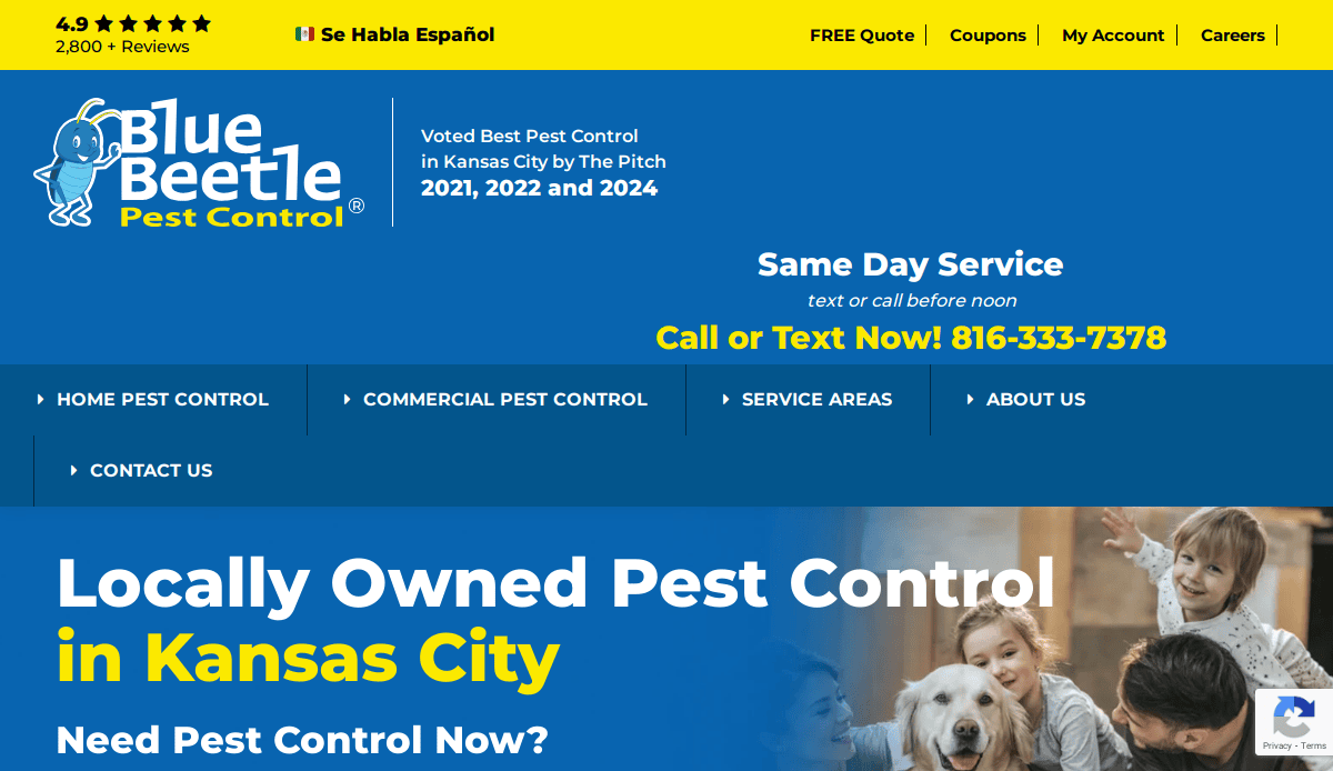 Screenshot of Blue Beetle Pest Control’s website, featuring their logo, contact info, service awards, and a photo of a woman, child, and dog smiling indoors. Headline says “Locally Owned Pest Control in Kansas City.”.