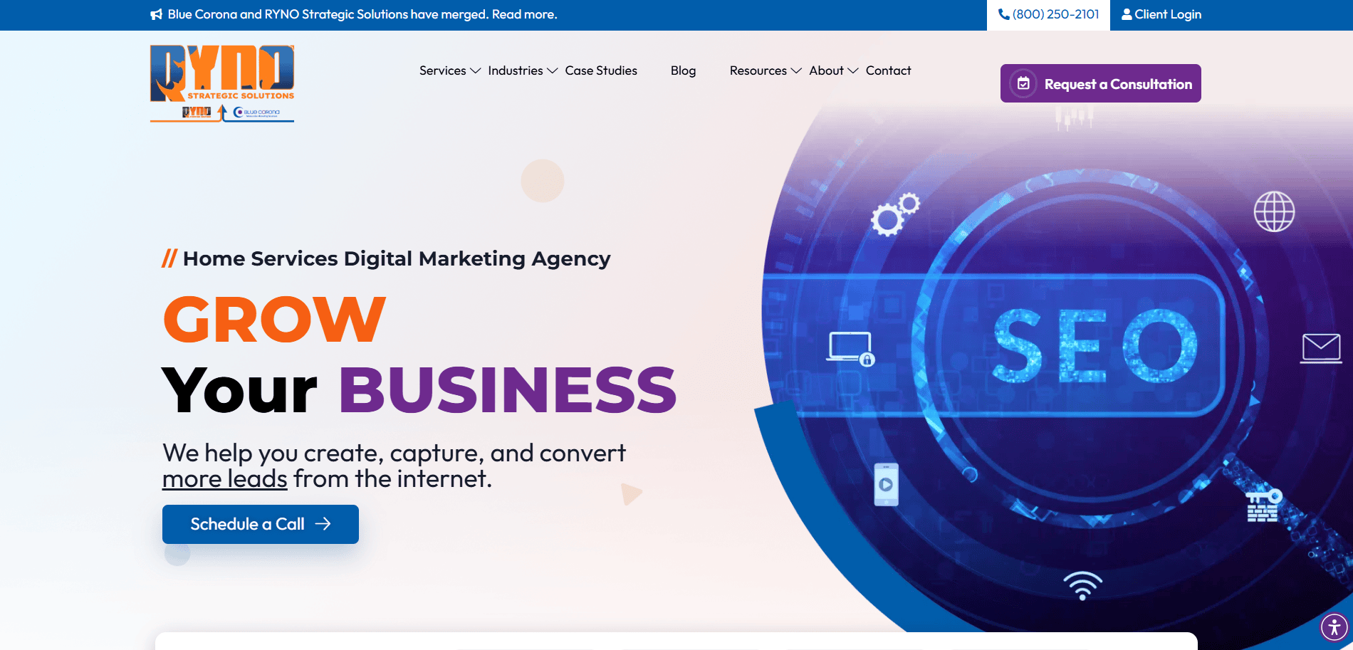 Screenshot of RYNO Strategic Solutions website homepage with a banner reading “Home Services Digital Marketing Agency. GROW Your BUSINESS.” A blue circular graphic with “SEO” appears on the right. Various navigation and contact options are visible.