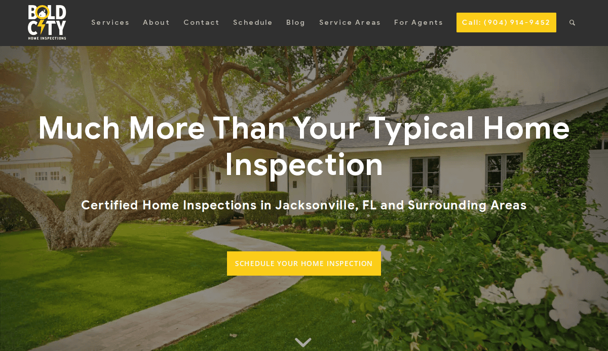 A large tree shades the front of a white house with a well-kept lawn. Text on the image advertises certified home inspections in Jacksonville, FL by Bold City Home Inspections, with a yellow button to schedule an inspection.