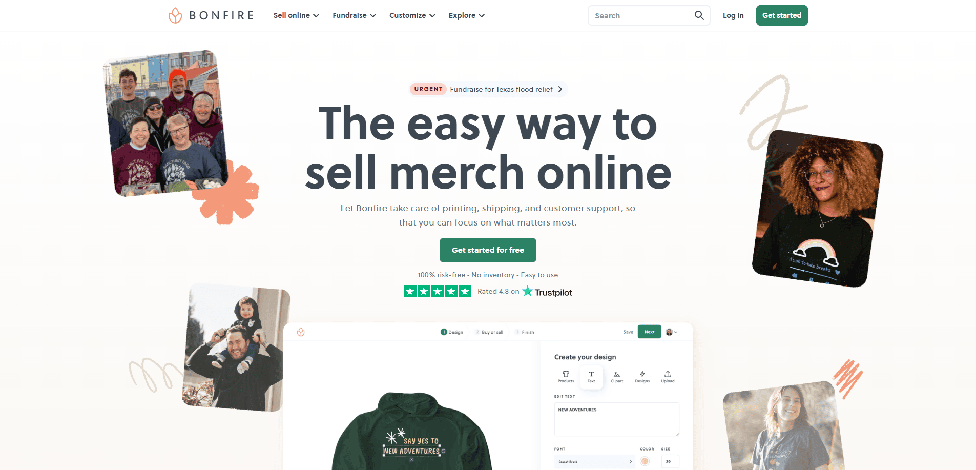 Bonfire website homepage showing people wearing custom merch, headline “The easy way to sell merch online,” and buttons for getting started. Trustpilot rating and menu options are visible.