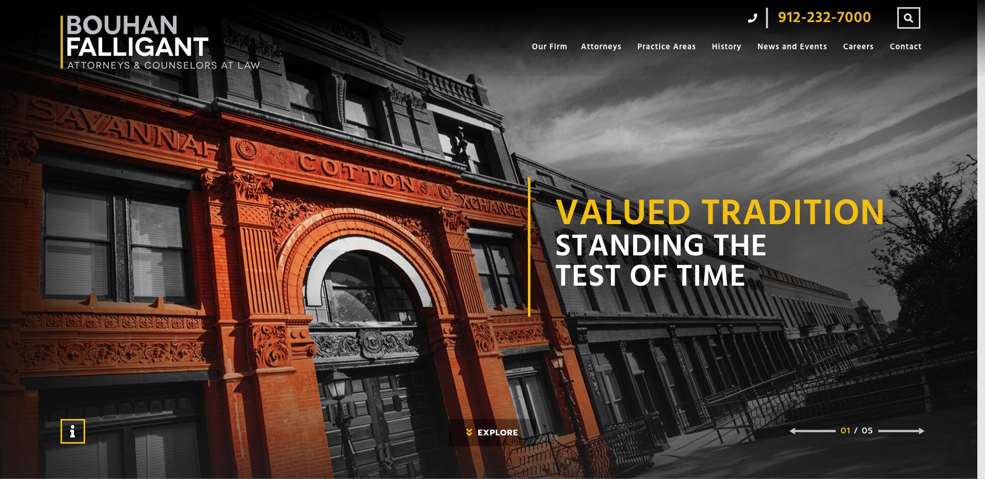 Bouhan Falligant law firm website homepage featuring a historic red-brick building with SAVANNAH COTTON engraved, bold text saying Valued Tradition Standing the Test of Time, and navigation menu at the top.