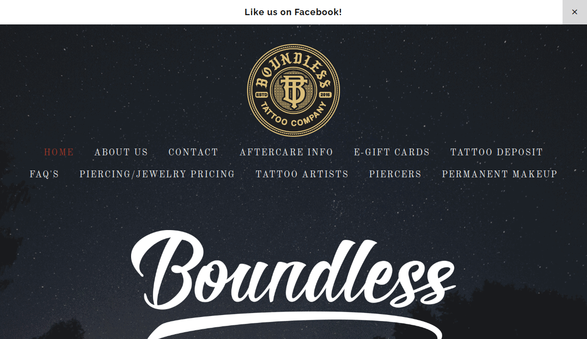 Screenshot of the Boundless Tattoo Company website homepage, featuring a navigation menu with options like Home, About Us, Contact, Aftercare Info, E-Gift Cards, and more, beneath a dark starry sky background.