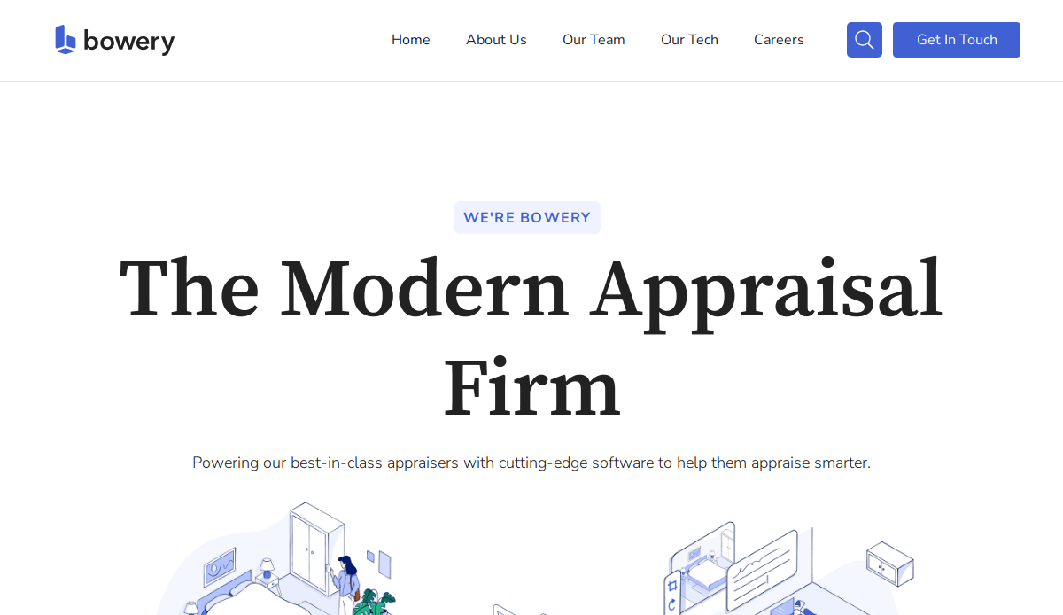 Screenshot of Bowery’s website homepage with the headline “The Modern Appraisal Firm” and a navigation bar at the top. Below is an illustration of people working with technology and documents.
