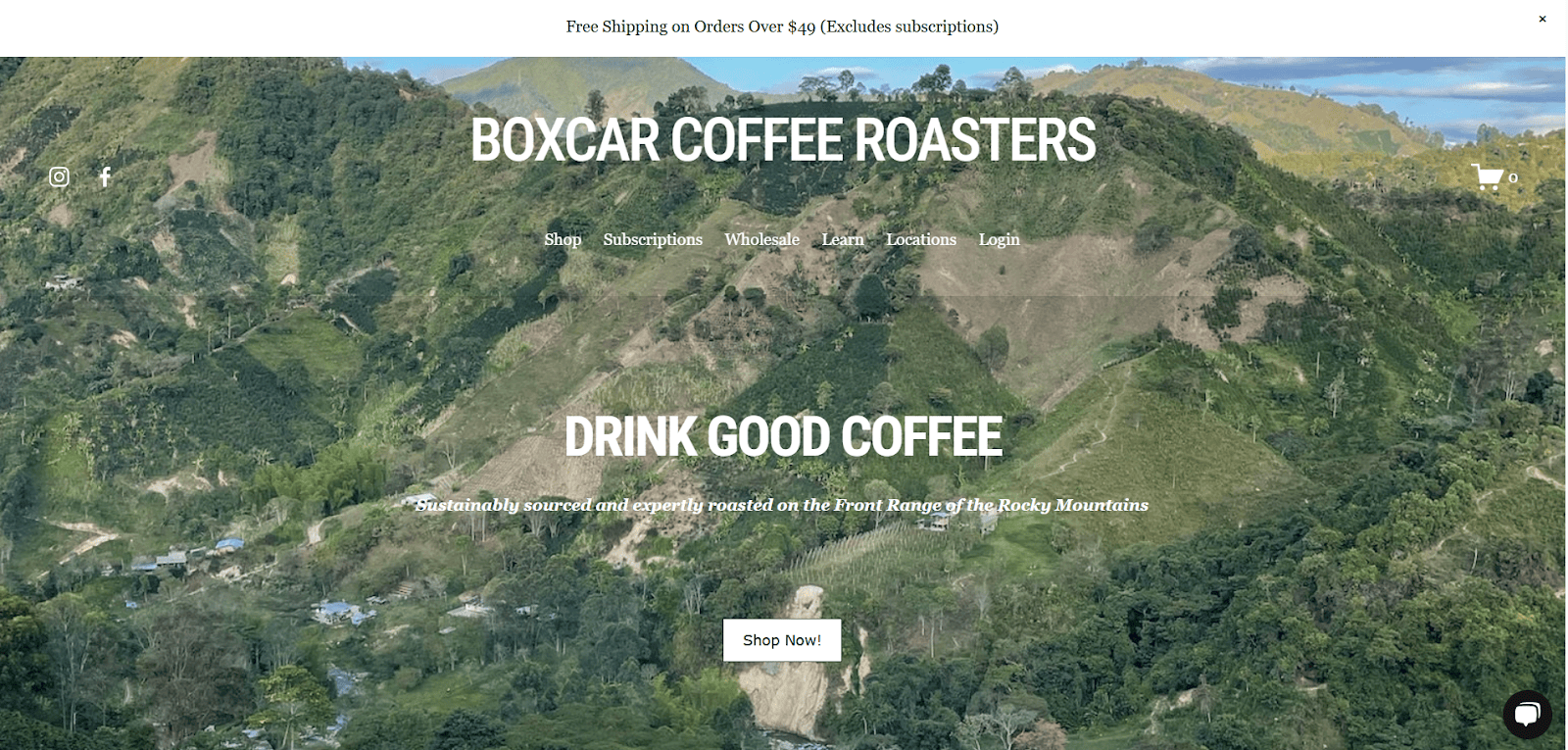 A website homepage for Boxcar Coffee Roasters features text over a scenic mountain landscape, promoting sustainably sourced coffee. Buttons for Shop, Subscriptions, Wholesale, Learn, and Locations are visible.