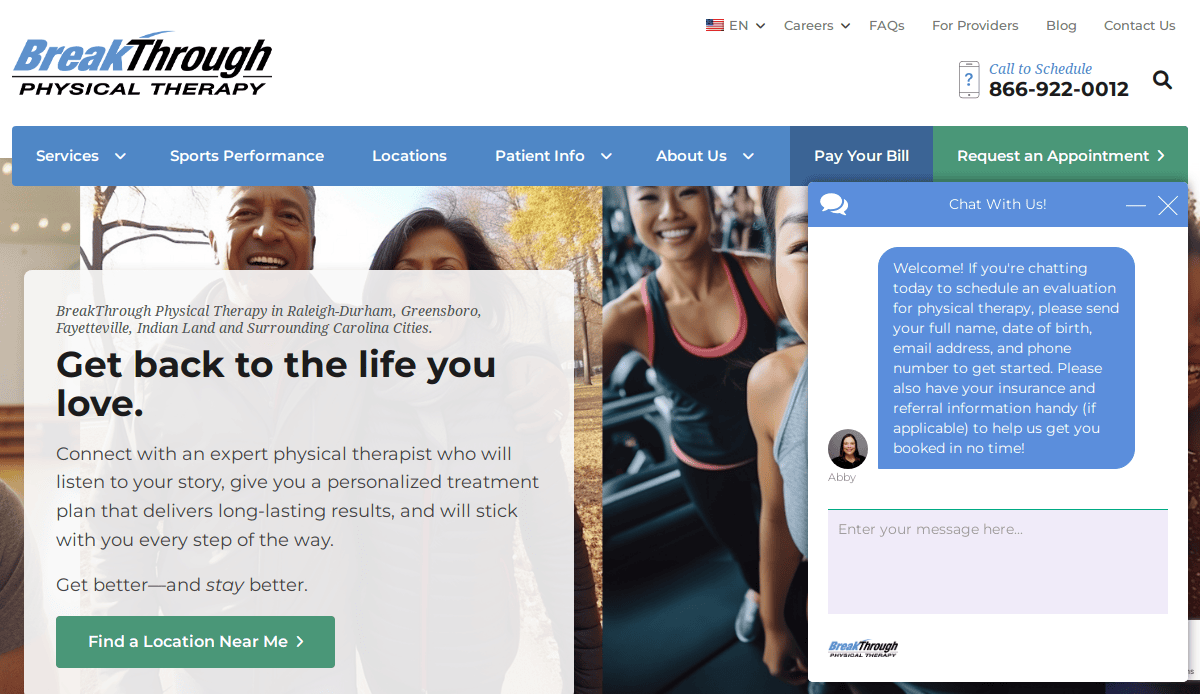 A physical therapy website shows smiling people exercising. A chat window invites users to schedule an evaluation, and the site’s menu includes options for services, locations, and payment. A phone number is displayed at the top.