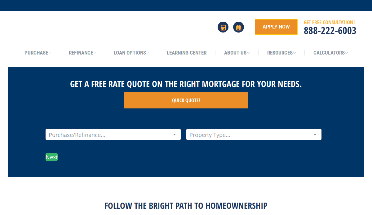 A mortgage website page offering a free rate quote, with dropdown menus for loan type and property type, a “Quick Quote!” button, and a phone number for a free consultation: 888-222-6003.
