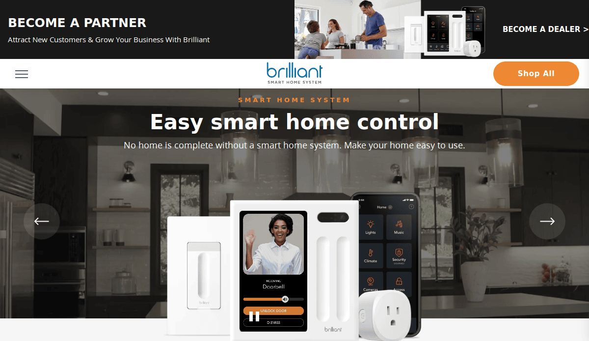 Homepage of Brilliant Smart Home System featuring devices, a video call screen, a mobile app interface, and a family in a smart home. Text highlights smart home control, partner opportunities, and a Shop All button.