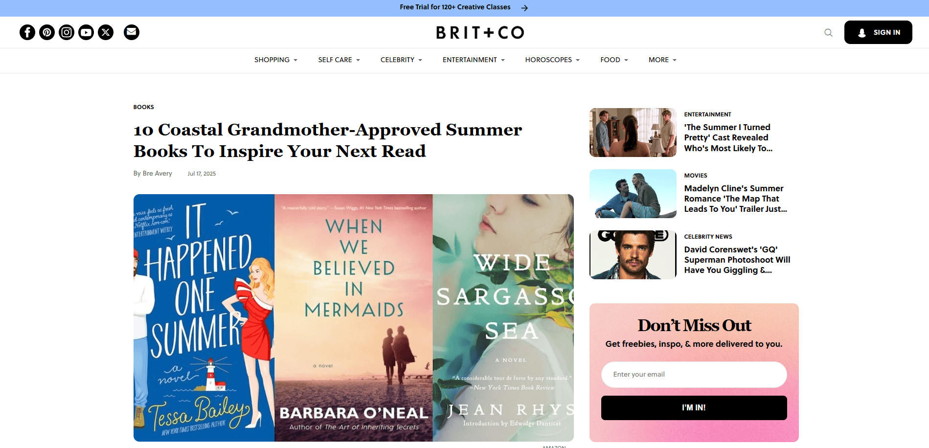Screenshot of a Brit + Co article titled 10 Coastal Grandmother-Approved Summer Books To Inspire Your Next Read, featuring three book covers: It Happened One Summer, When We Believed in Mermaids, and Wide Sargasso Sea.