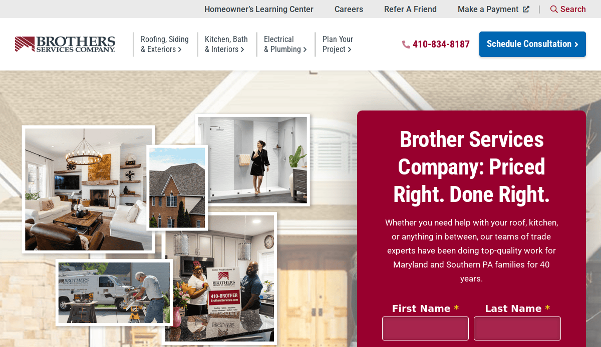 Screenshot of Brothers Services Company website showing home improvement services, a contact form, and images of home interiors and exteriors. The text highlights their roofing, kitchen, and trade expertise.