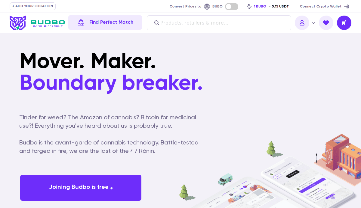 A website homepage with the tagline Mover. Maker. Boundary breaker. in bold text, followed by a paragraph about cannabis technology. The page features a Joining Budbo is free button and stylized graphics of mobile devices displaying apps.