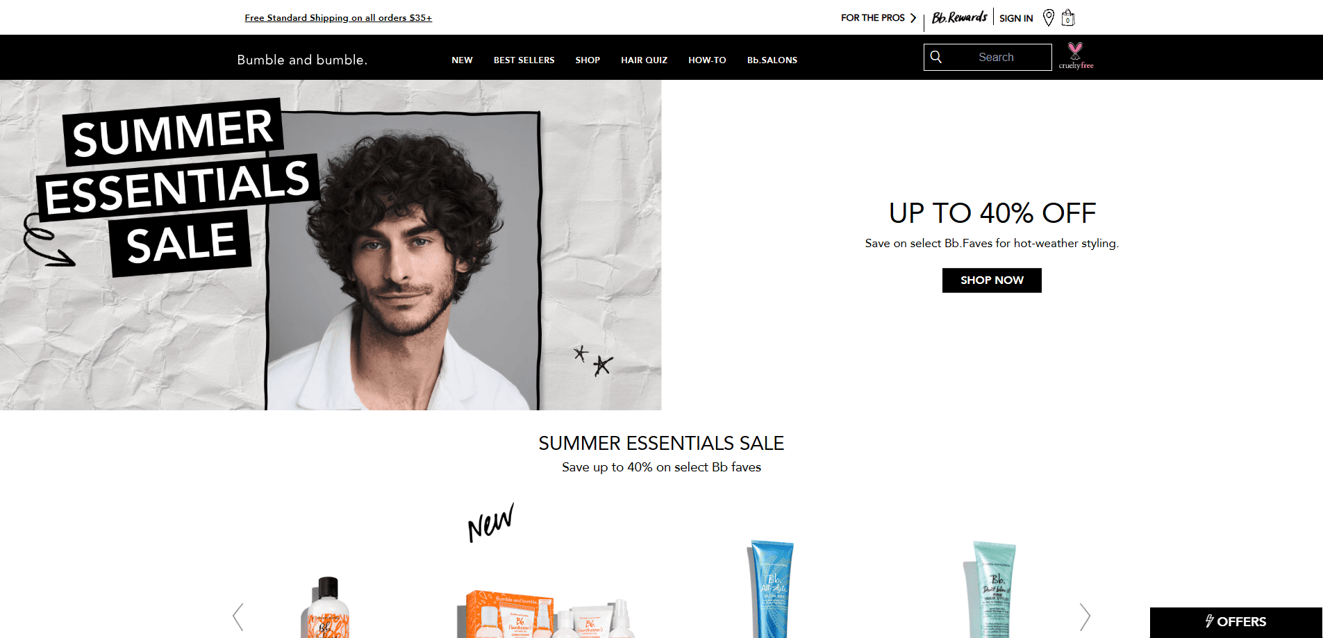 Screenshot of Bumble and bumble’s website homepage featuring a “Summer Essentials Sale” banner, a man with curly hair, and a promotion for up to 40% off select hair products. Product images are displayed below the banner.