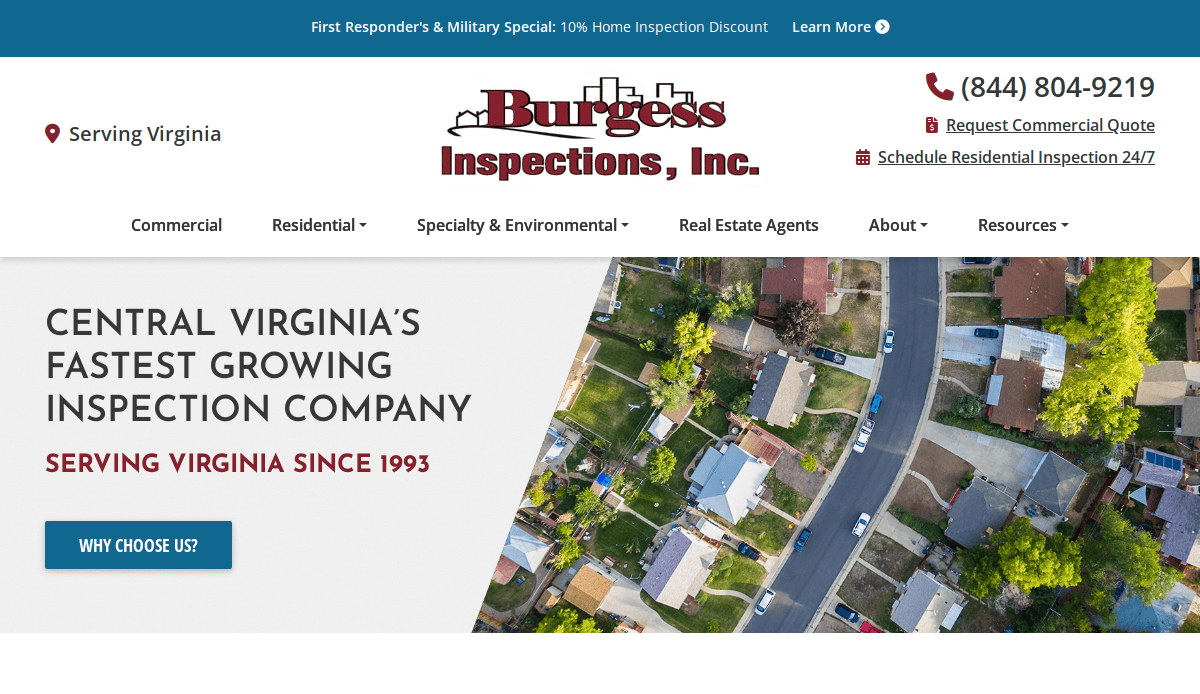 Screenshot of the Burgess Inspections, Inc. website showing their logo, contact info, service links, and an aerial view of a suburban neighborhood. Text highlights they serve Virginia and have operated since 1993.