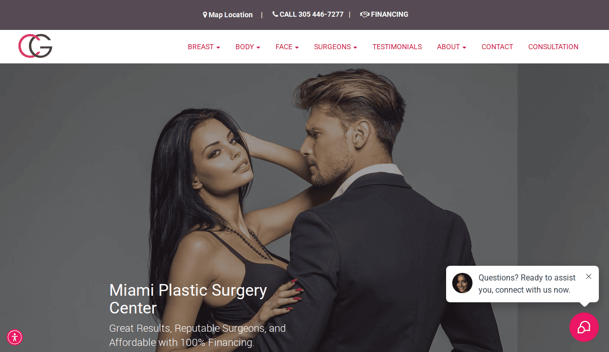 A woman in a black dress and a man in a suit pose together on the homepage of the Miami Plastic Surgery Center website, which features a header menu and a chat box for assistance.