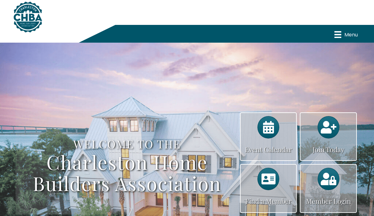 A website homepage for the Charleston Home Builders Association featuring a large house, the CHBA logo, and buttons for Event Calendar, Join Today, Find a Member, and Member Login.