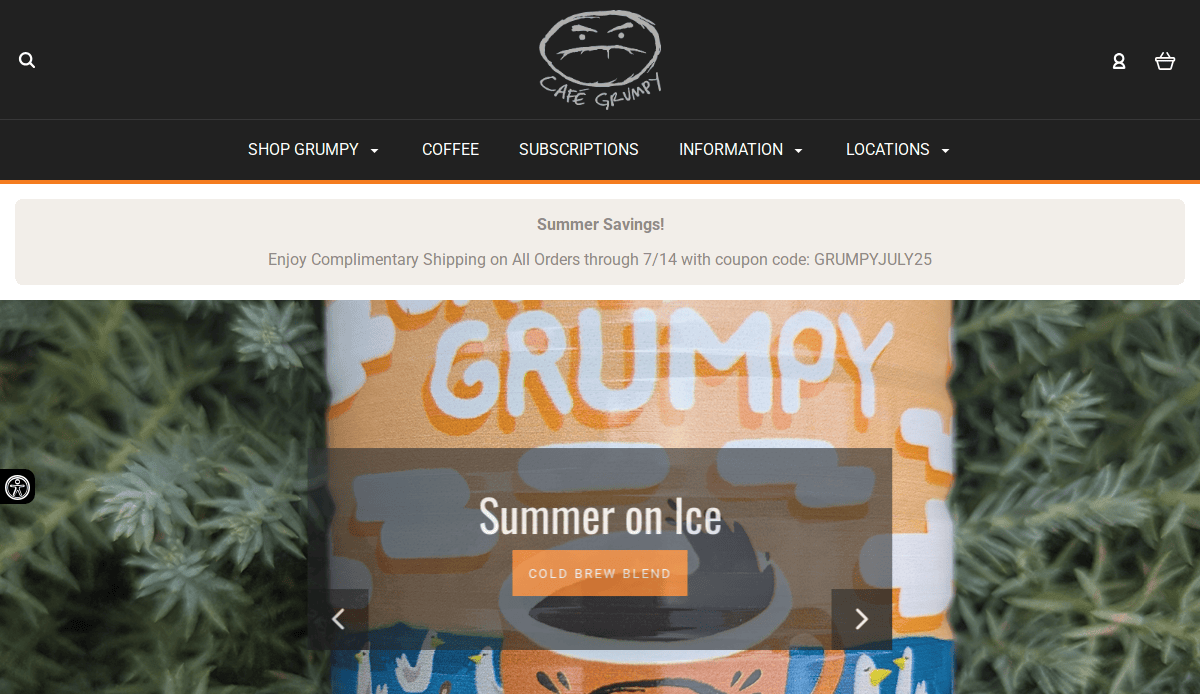 Screenshot of the Cafe Grumpy website showing a banner for free shipping with coupon code, the Cafe Grumpy logo, and a featured image of a cold brew blend can among green foliage.