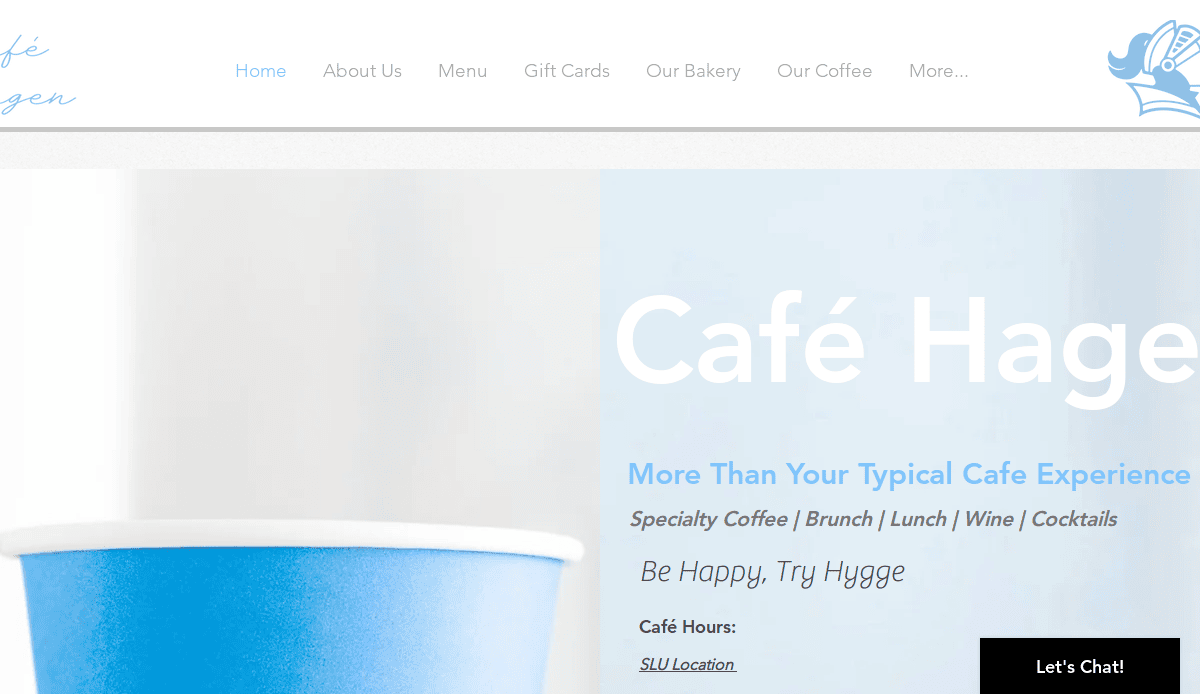 Website homepage for Café Hage, showing a blue paper cup on the left and text promoting specialty coffee, brunch, lunch, wine, cocktails, and hours of operation on the right. Navigation menu is at the top.