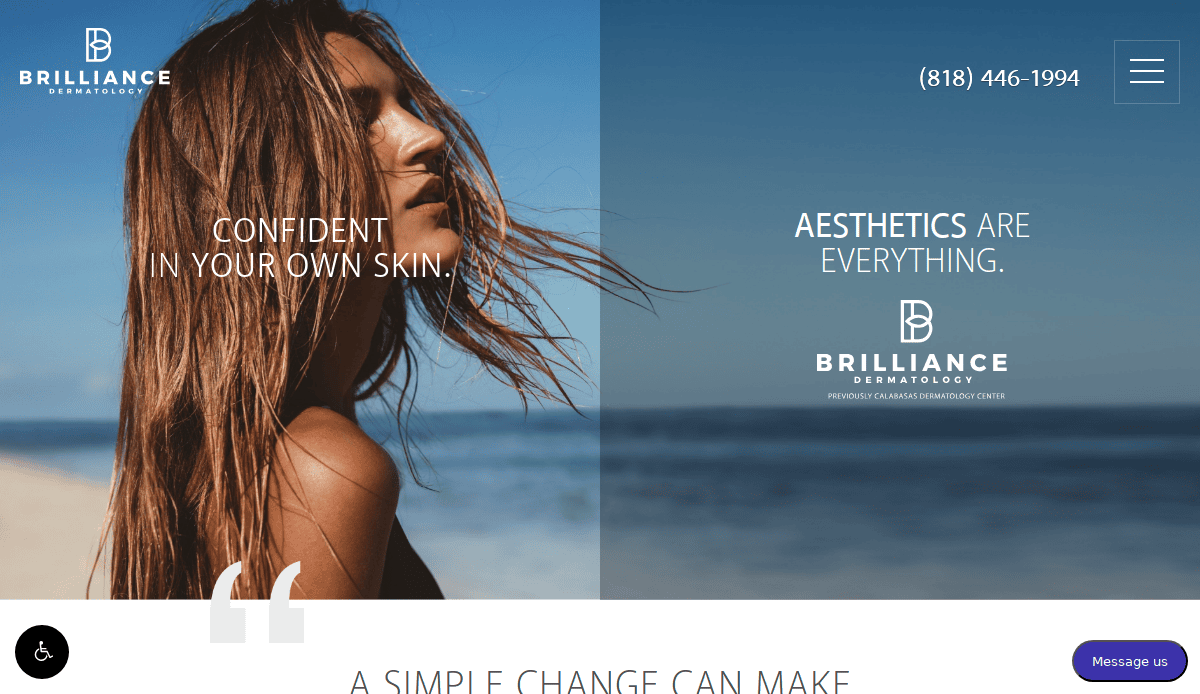 A woman with long hair stands on a beach, facing slightly sideways. Text reads CONFIDENT IN YOUR OWN SKIN and AESTHETICS ARE EVERYTHING. Brilliance Dermatology logo and contact info appear at the top.