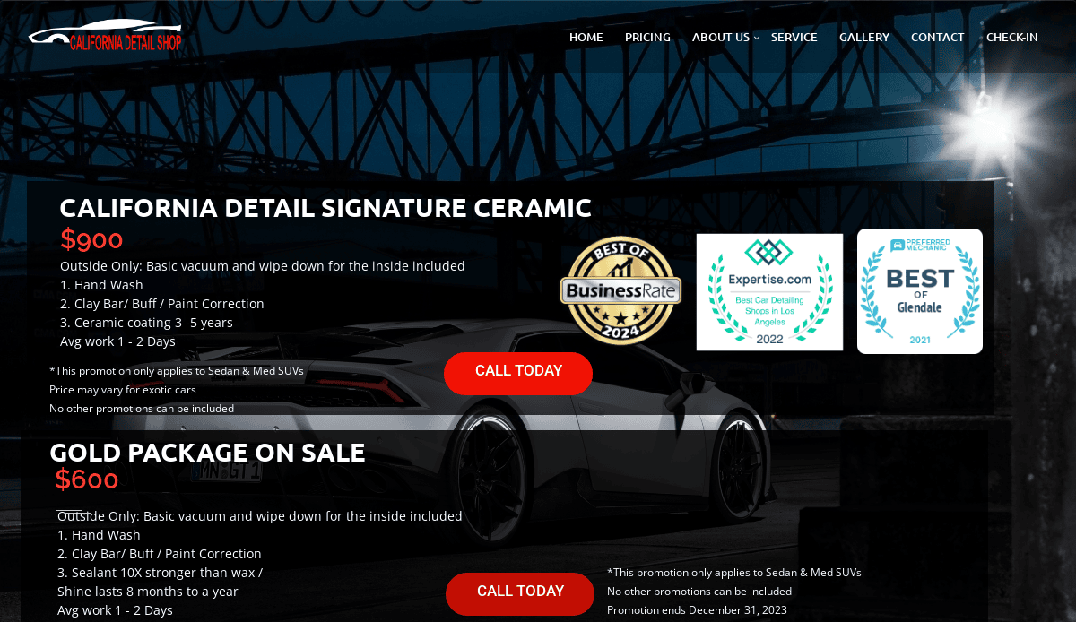 A car detailing service webpage offers California Detail Signature Ceramic and Gold Package deals, with prices, service details, and award badges displayed over a background image of a white sports car under a bridge.