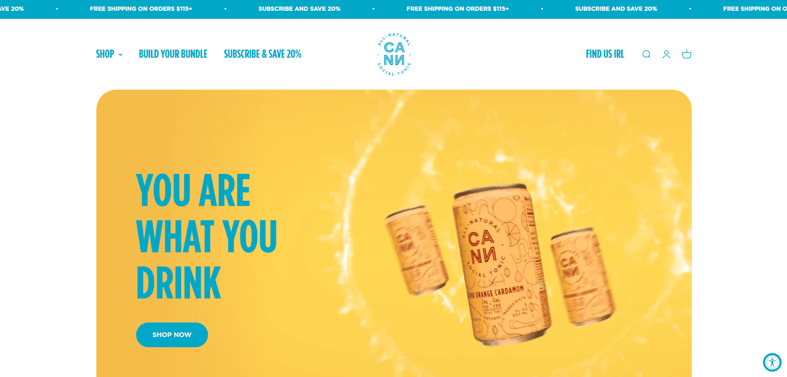 Three cans of CANNA orange lemonade beverage float against a yellow background with the text You are what you drink in large blue letters. A blue Shop Now button appears below the text.