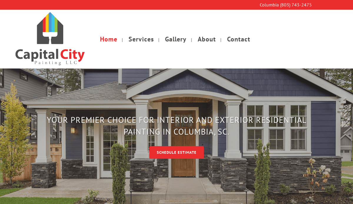 Screenshot of Capital City Painting LLC website homepage, showing a modern house exterior and navigation menu with options: Home, Services, Gallery, About, and Contact. Red button labeled “Schedule Estimate” is visible.