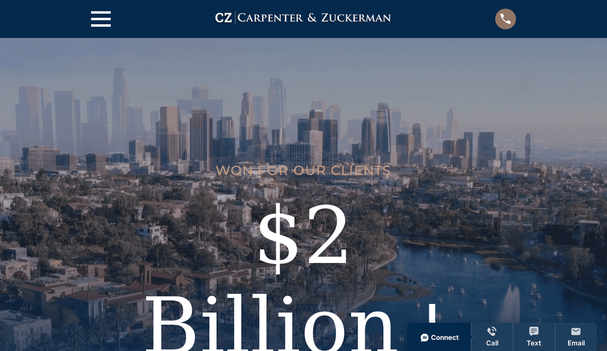 Website homepage for Carpenter & Zuckerman law firm, showing a city skyline in the background, with large text stating $2 Billion+ Won For Our Clients and contact options at the bottom.