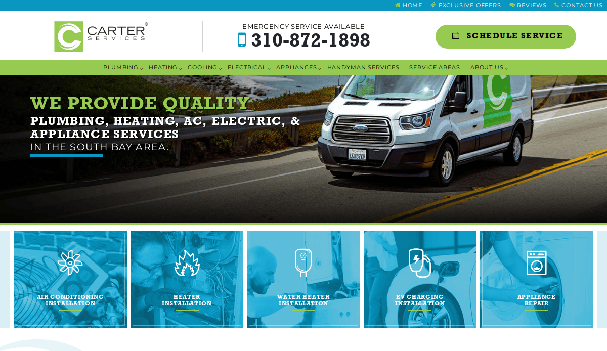 Website screenshot for Carter Services featuring a service van, contact number, and service options like air conditioning, heater, water heater, EV charging, and appliance repair. Banner highlights quality plumbing, heating, AC, and electrical services.