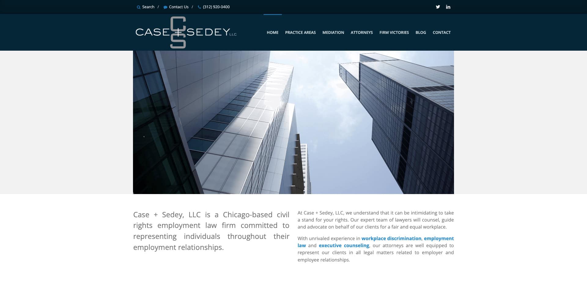 A website homepage for Case + Sedey LLC, a Chicago-based employment law firm, featuring a modern cityscape of tall glass buildings and navigation links across the top.