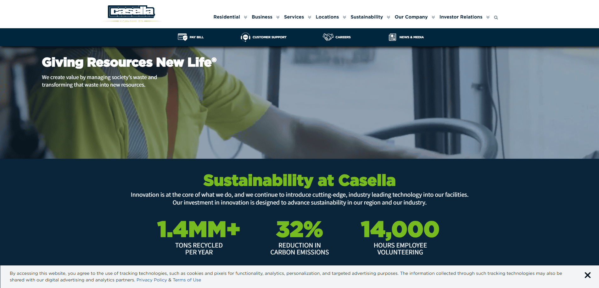 A Casella Waste Systems website banner shows a worker in a safety vest driving a truck. Text highlights sustainability stats: 1.4 million+ tons recycled per year, 32% reduction in carbon emissions, 14,000 volunteer hours.