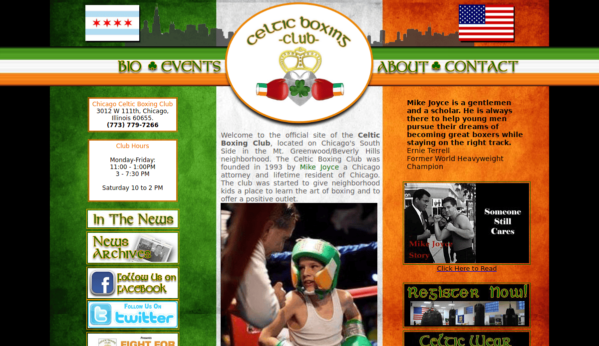 Screenshot of the Celtic Boxing Club website, featuring a green, white, and orange background, boxing-themed logo, navigation links, contact info, news, a photo of a young boxer in a ring, and a box with Mike Joyce’s story.