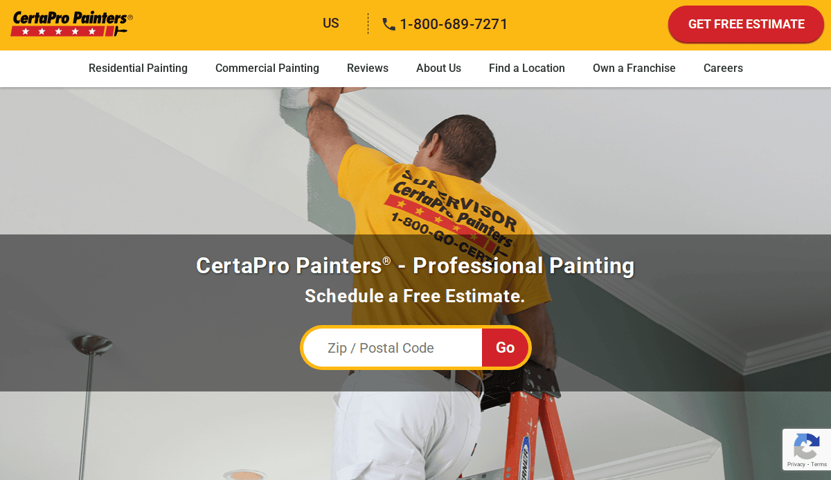 A painter in a yellow CertaPro Painters shirt works on a tall wall using a paintbrush, standing on an orange ladder. The website prompts users to enter a zip code for a free estimate.