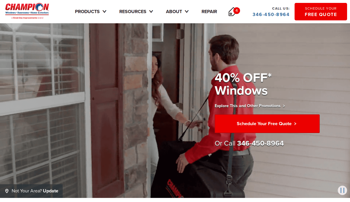 A man in a red shirt stands at a front door, handing a black bag to a woman inside. Promotional text reads 40% OFF* Windows with a button to schedule a free quote and a phone number to call.