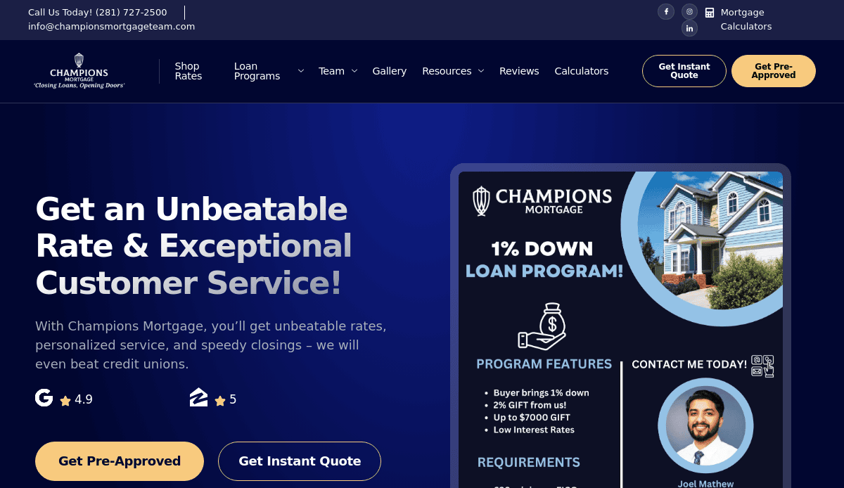 Screenshot of Champions Mortgage website offering unbeatable rates and exceptional service, featuring contact info, a loan program ad with home photo, and buttons for Get Pre-Approved and Get Instant Quote.