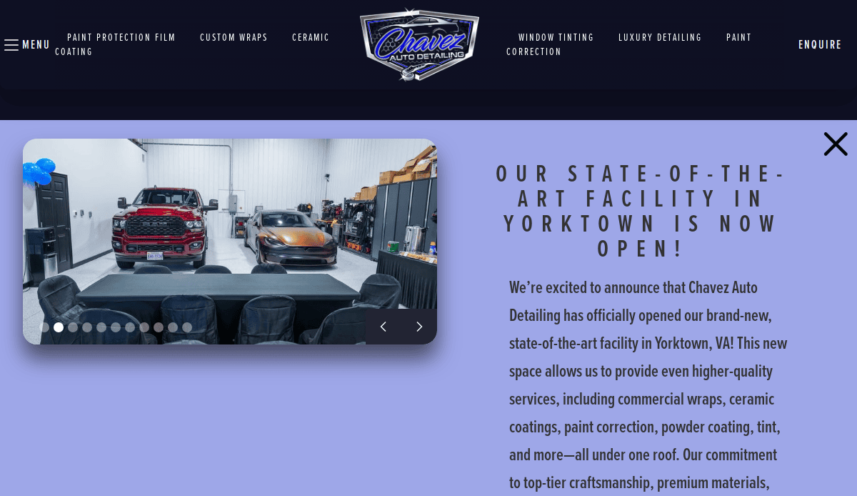 A banner for Chavez Auto Detailing shows two cars in a clean garage. The text announces the opening of their new state-of-the-art facility in Yorktown, VA, and highlights their various auto detailing services.