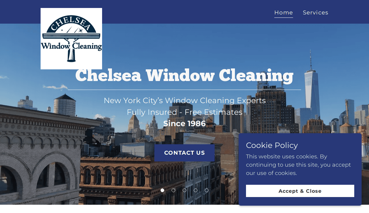 Chelsea Window Cleaning website homepage with a city skyline background, company logo in the top left, and text offering insured window cleaning and free estimates since 1986. A cookie policy popup is at the bottom right.