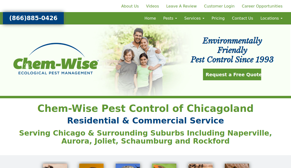 Screenshot of Chem-Wise Pest Controls website showing a family of four smiling, company logo, and text highlighting eco-friendly pest control services in Chicagoland and suburbs, with a green Request a Free Quote button.