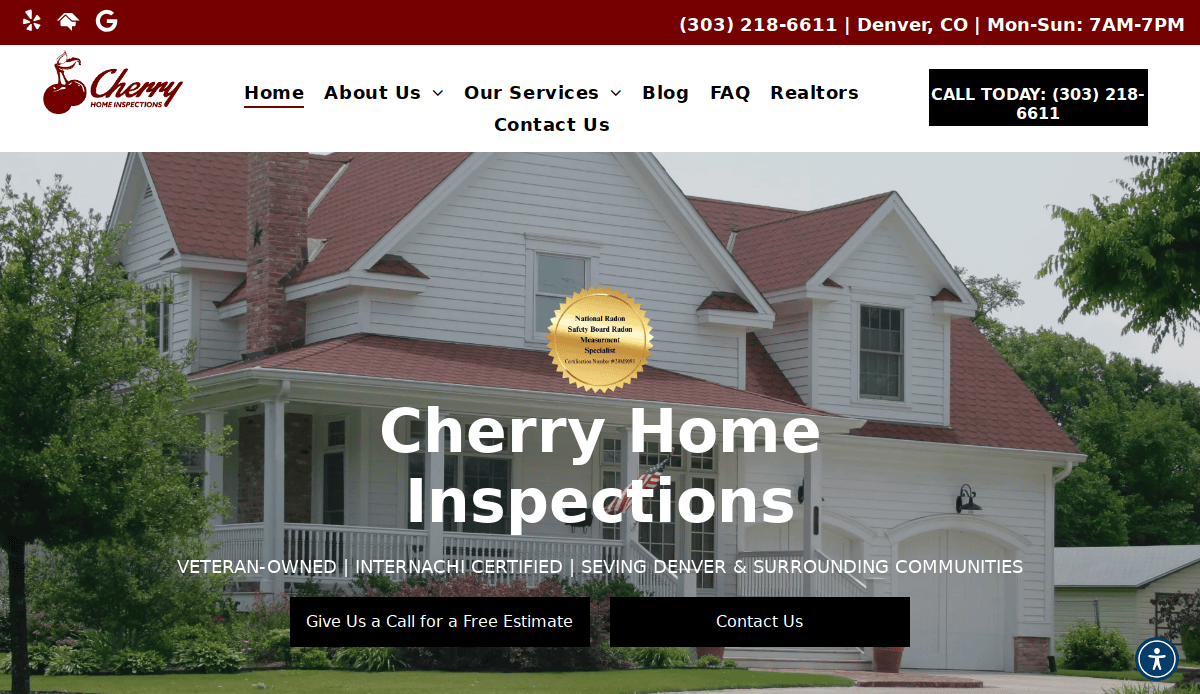 Screenshot of Cherry Home Inspections website homepage featuring a white house with a porch, company logo, contact number, navigation menu, and buttons for a free estimate and contacting the business.