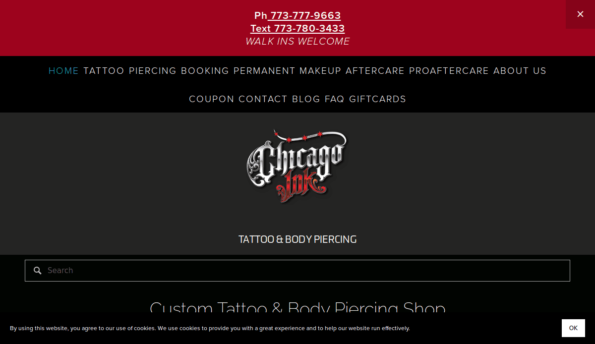 Screenshot of the Chicago Ink Tattoo & Body Piercing website, showing contact phone numbers, navigation menu, and the shop’s logo on a dark background. A search bar is visible below the logo.