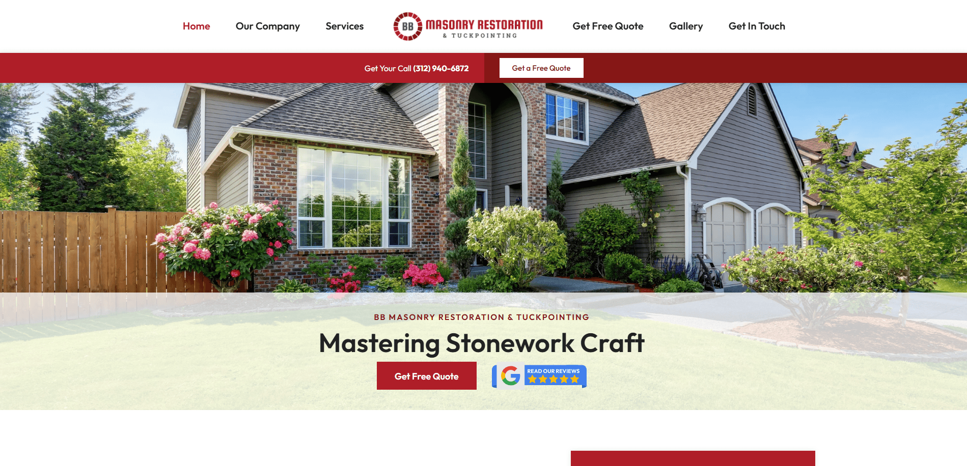 Homepage of BB Masonry Restoration & Tuckpointing featuring a large, well-maintained suburban house with brick and siding, surrounded by flowers and greenery; navigation menu and contact buttons visible.