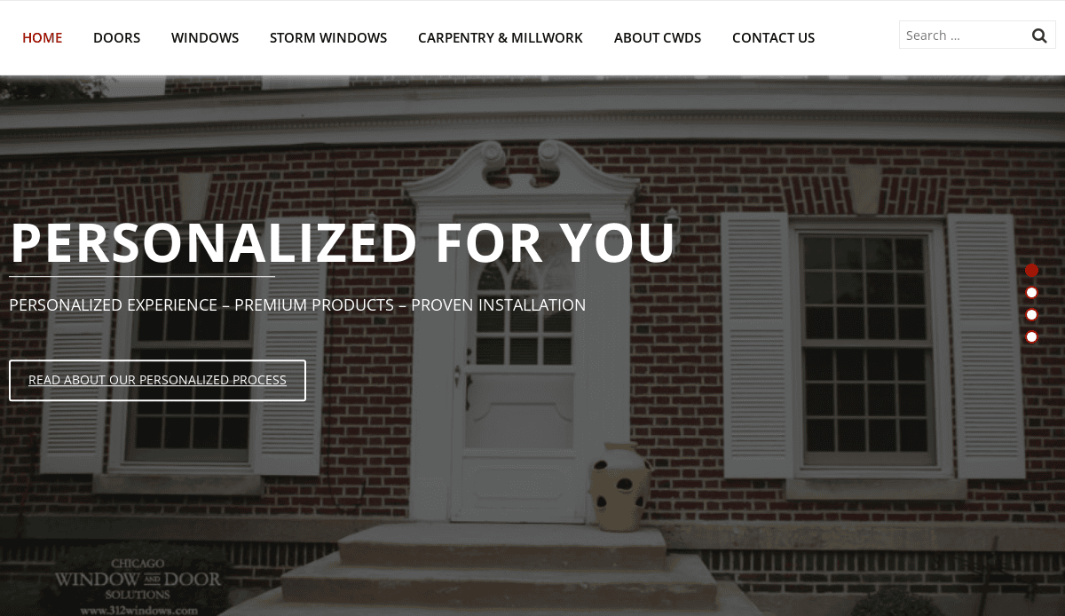 A white door with decorative trim and shutters on a red brick house; text overlay reads Personalized For You with options for doors, windows, and more in the navigation bar.